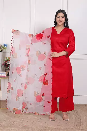 Red kurta pant with organza printed duptta