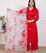 Red kurta pant with organza printed duptta