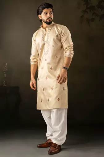 Beige color smart embroidered kurta for rich classy men's looks