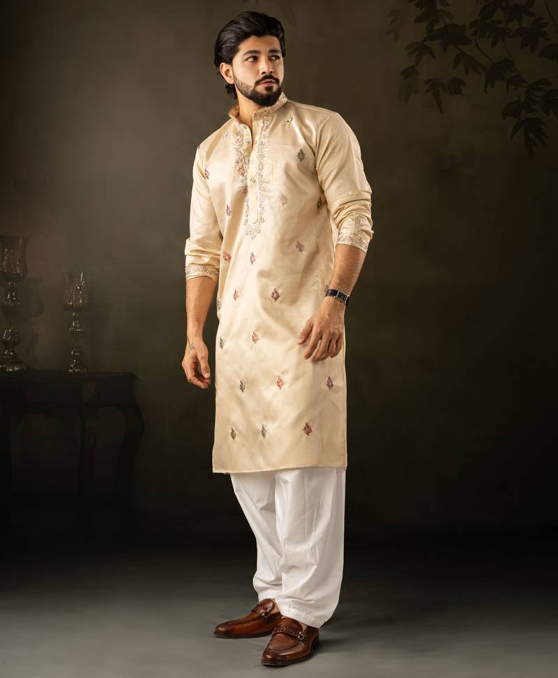 Beige color smart embroidered kurta for rich classy men's looks