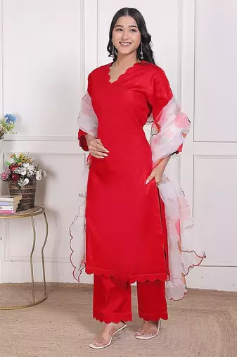 Red kurta pant with organza printed duptta
