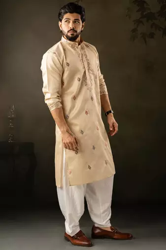 Beige color smart embroidered kurta for rich classy men's looks