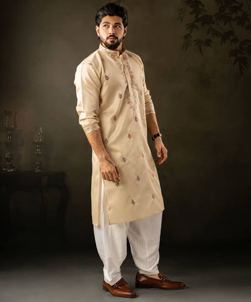 Beige color smart embroidered kurta for rich classy men's looks