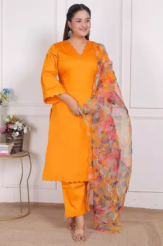 Yellow kurta pant with organza printed duptta