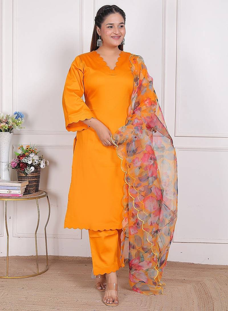 Yellow kurta pant with organza printed duptta