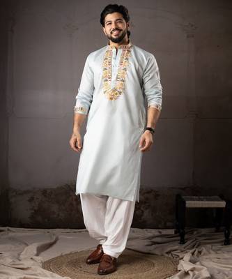 Ice blue color smart embroidered kurta for rich classy men's looks 1