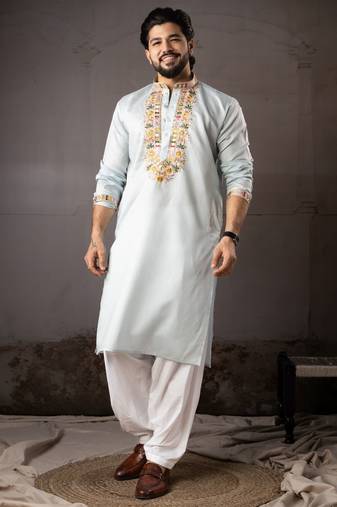 Ice blue color smart embroidered kurta for rich classy men's looks