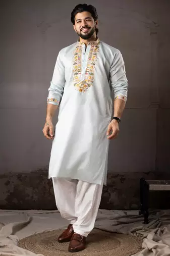 Ice blue color smart embroidered kurta for rich classy men's looks