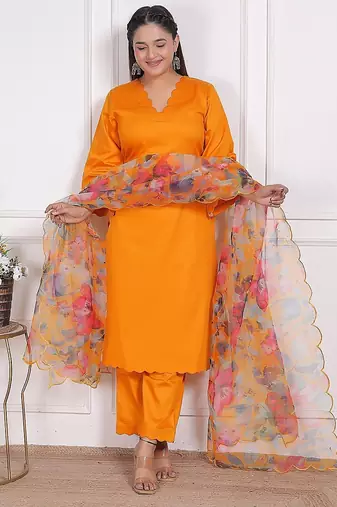 Yellow kurta pant with organza printed duptta