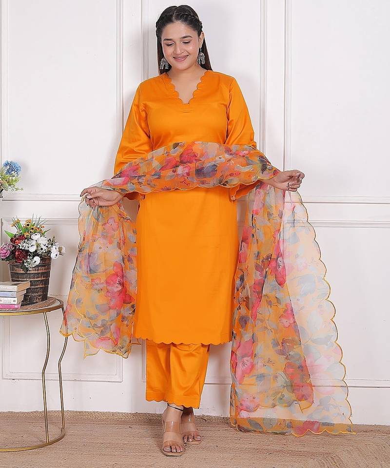 Yellow kurta pant with organza printed duptta