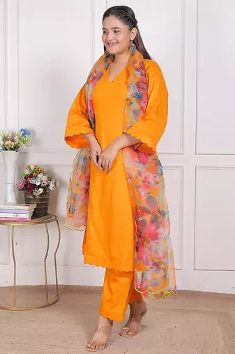 Yellow kurta pant with organza printed duptta