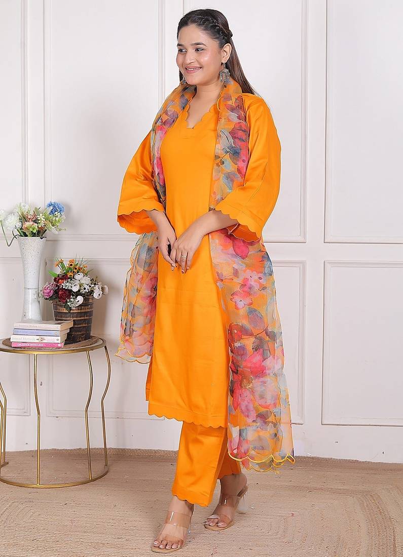 Yellow kurta pant with organza printed duptta