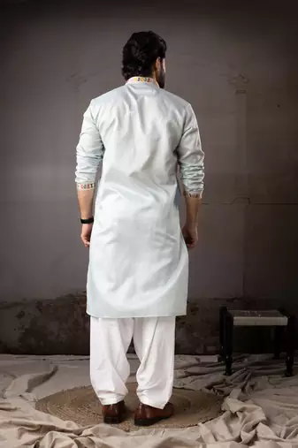 Ice blue color smart embroidered kurta for rich classy men's looks