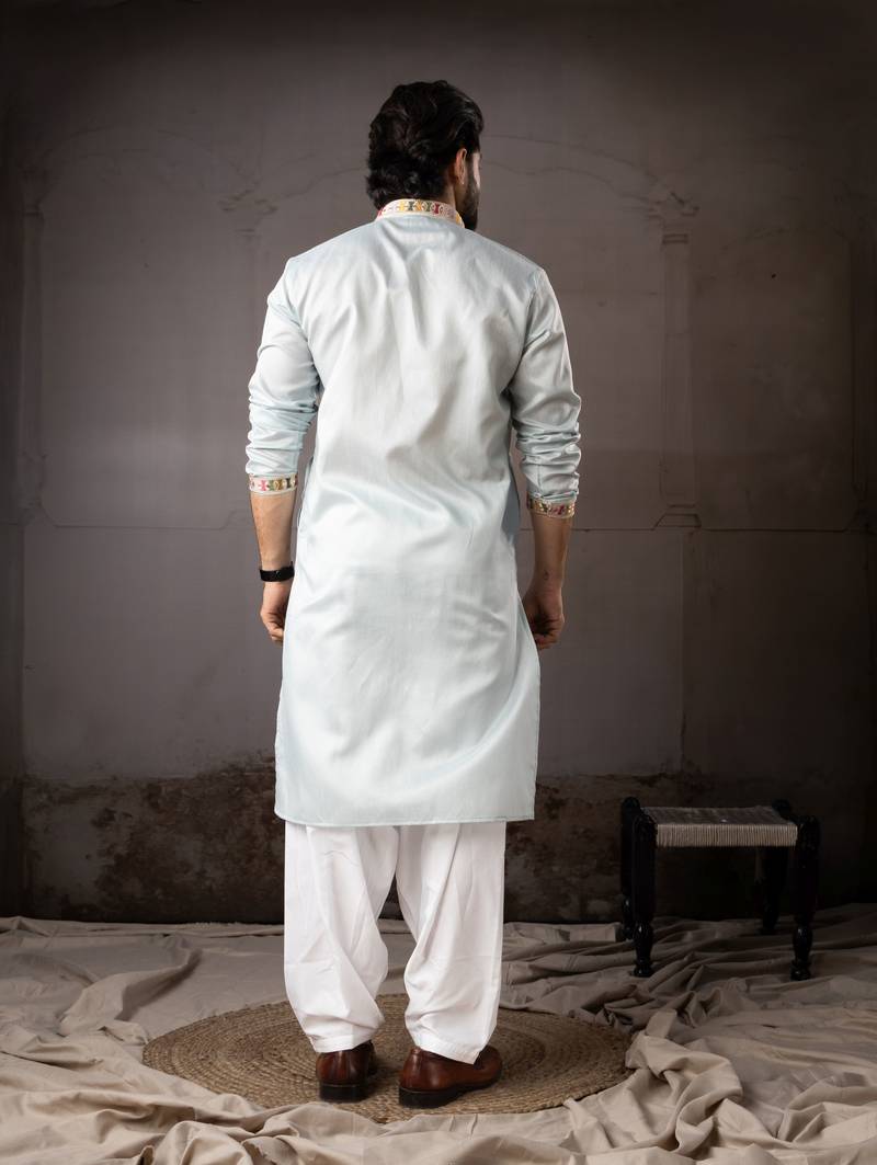 Ice blue color smart embroidered kurta for rich classy men's looks