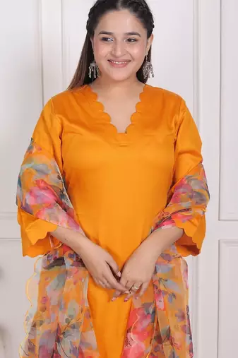 Yellow kurta pant with organza printed duptta