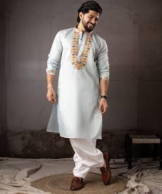 Ice blue color smart embroidered kurta for rich classy men's looks 3