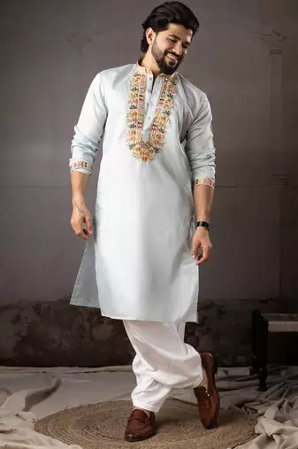 Ice blue color smart embroidered kurta for rich classy men's looks