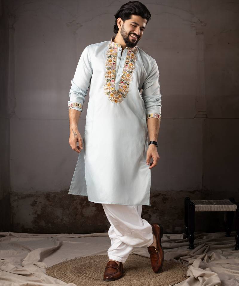 Ice blue color smart embroidered kurta for rich classy men's looks