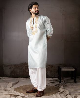 Ice blue color smart embroidered kurta for rich classy men's looks 4