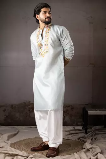 Ice blue color smart embroidered kurta for rich classy men's looks