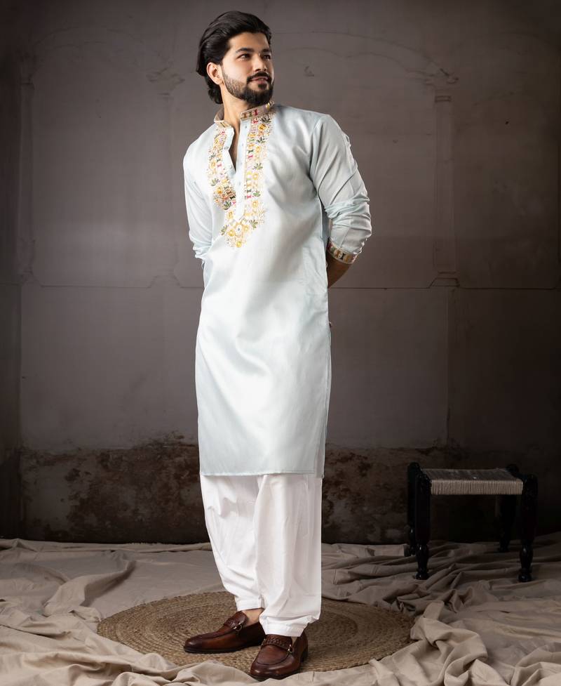 Ice blue color smart embroidered kurta for rich classy men's looks