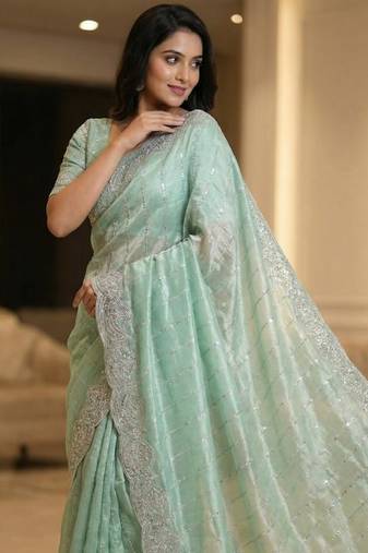 Sky Blue Color  Sequence embroidery work with Cut work border  Chiffon Silk Saree 