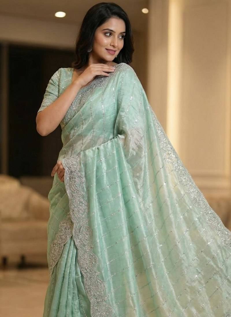Sky Blue Color  Sequence embroidery work with Cut work border  Chiffon Silk Saree 