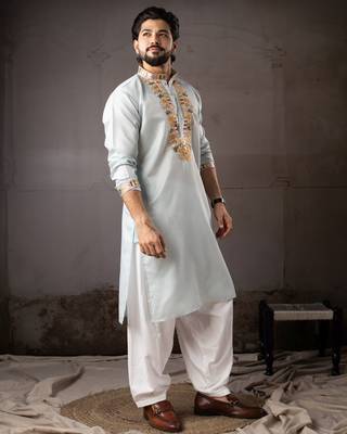 Ice blue color smart embroidered kurta for rich classy men's looks 5