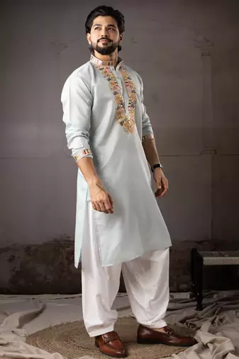Ice blue color smart embroidered kurta for rich classy men's looks