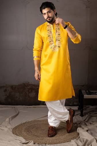 Yellow color smart embroidered kurta for rich classy men's looks