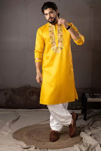 Yellow color smart embroidered kurta for rich classy men's looks