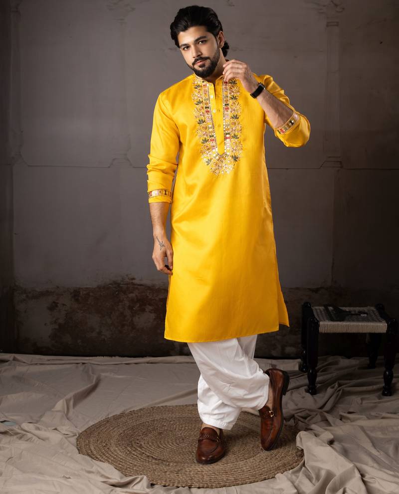 Yellow color smart embroidered kurta for rich classy men's looks