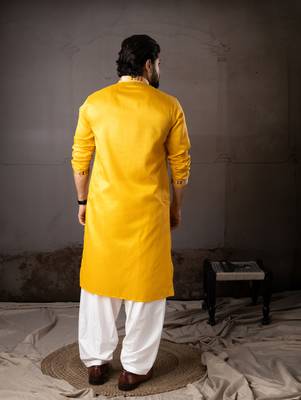 Yellow color smart embroidered kurta for rich classy men's looks 2