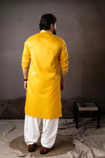 Yellow color smart embroidered kurta for rich classy men's looks