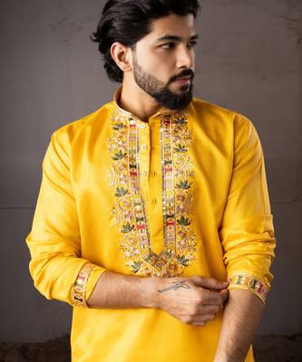 Yellow color smart embroidered kurta for rich classy men's looks 3
