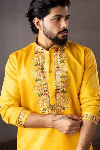 Yellow color smart embroidered kurta for rich classy men's looks
