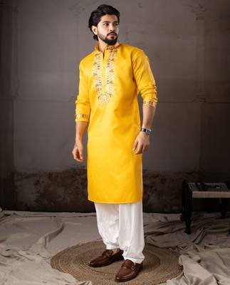Yellow color smart embroidered kurta for rich classy men's looks 4
