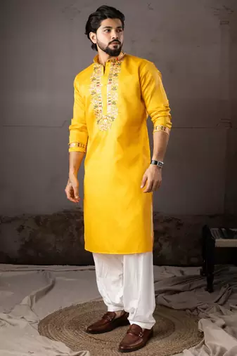 Yellow color smart embroidered kurta for rich classy men's looks