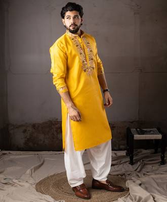 Yellow color smart embroidered kurta for rich classy men's looks 5