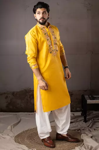 Yellow color smart embroidered kurta for rich classy men's looks