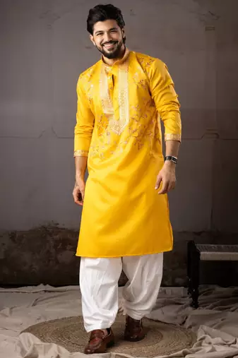 Yellow color smart embroidered kurta for rich classy men's looks
