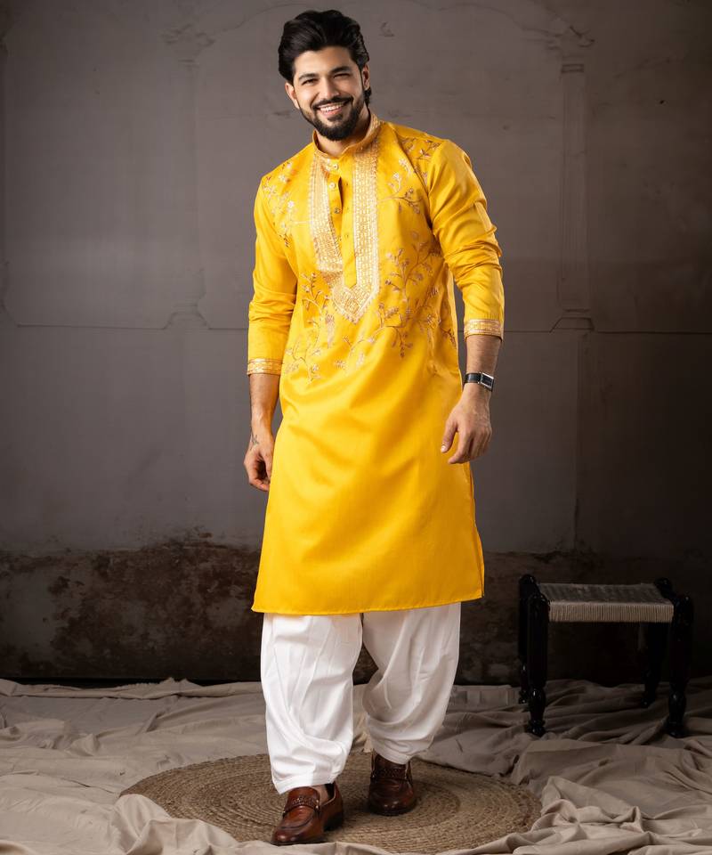 Yellow color smart embroidered kurta for rich classy men's looks