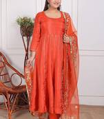 Orange embroidered crepe kurta pant with dupatta