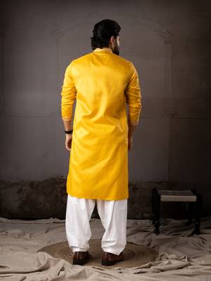 Yellow color smart embroidered kurta for rich classy men's looks 2