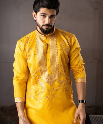 Yellow color smart embroidered kurta for rich classy men's looks 3