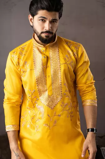 Yellow color smart embroidered kurta for rich classy men's looks