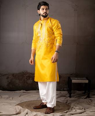 Yellow color smart embroidered kurta for rich classy men's looks 4
