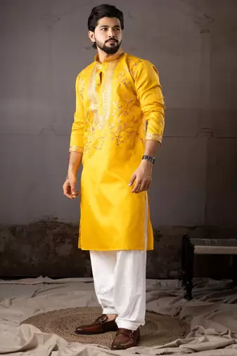 Yellow color smart embroidered kurta for rich classy men's looks