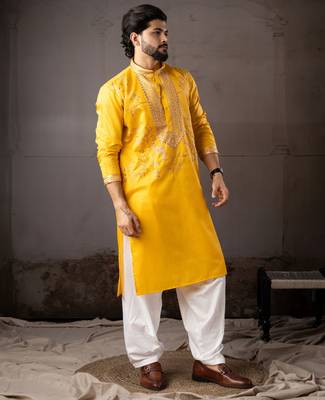 Yellow color smart embroidered kurta for rich classy men's looks 5