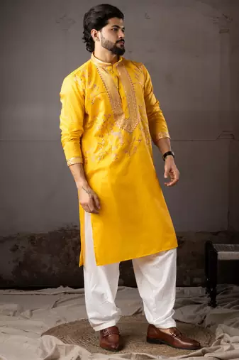 Yellow color smart embroidered kurta for rich classy men's looks